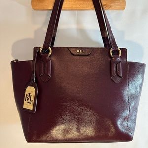 Ralph Lauren Pebbled Burgundy Shoulder Satchel Hand Tote Bag Label Plate Tag L